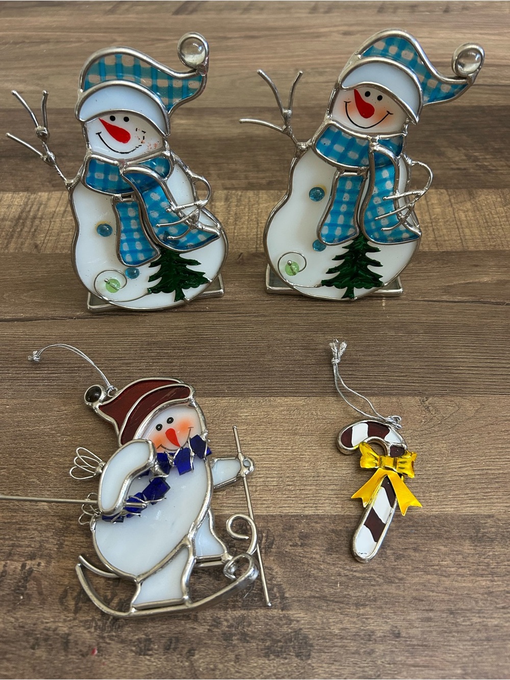 Vintage Stained Glass Snowman Decor Lot - 4 Pcs (Tealights & Ornaments)